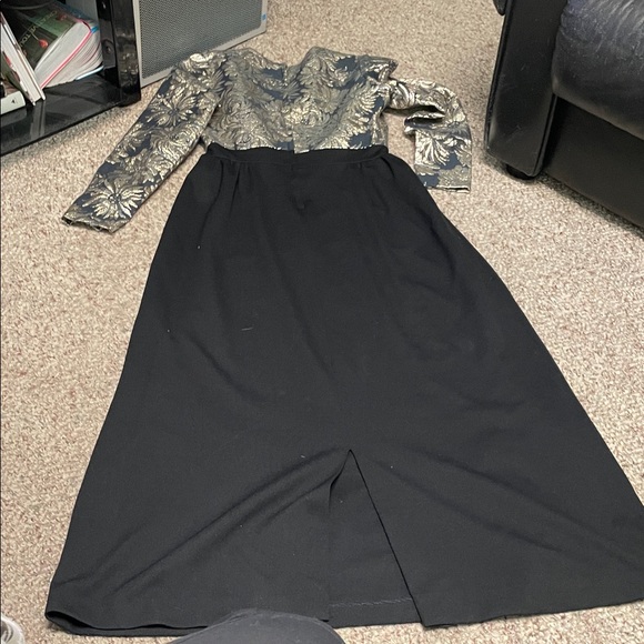 Vintage 60s metallic gold/silver floral top Black formal maxi Dress - Picture 8 of 8